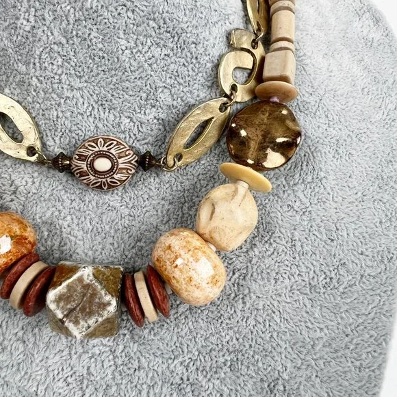 Vintage Japanese Stoneware Beaded Chunky Necklace Set Earrings Gold Stone Japan - Picture 4 of 6